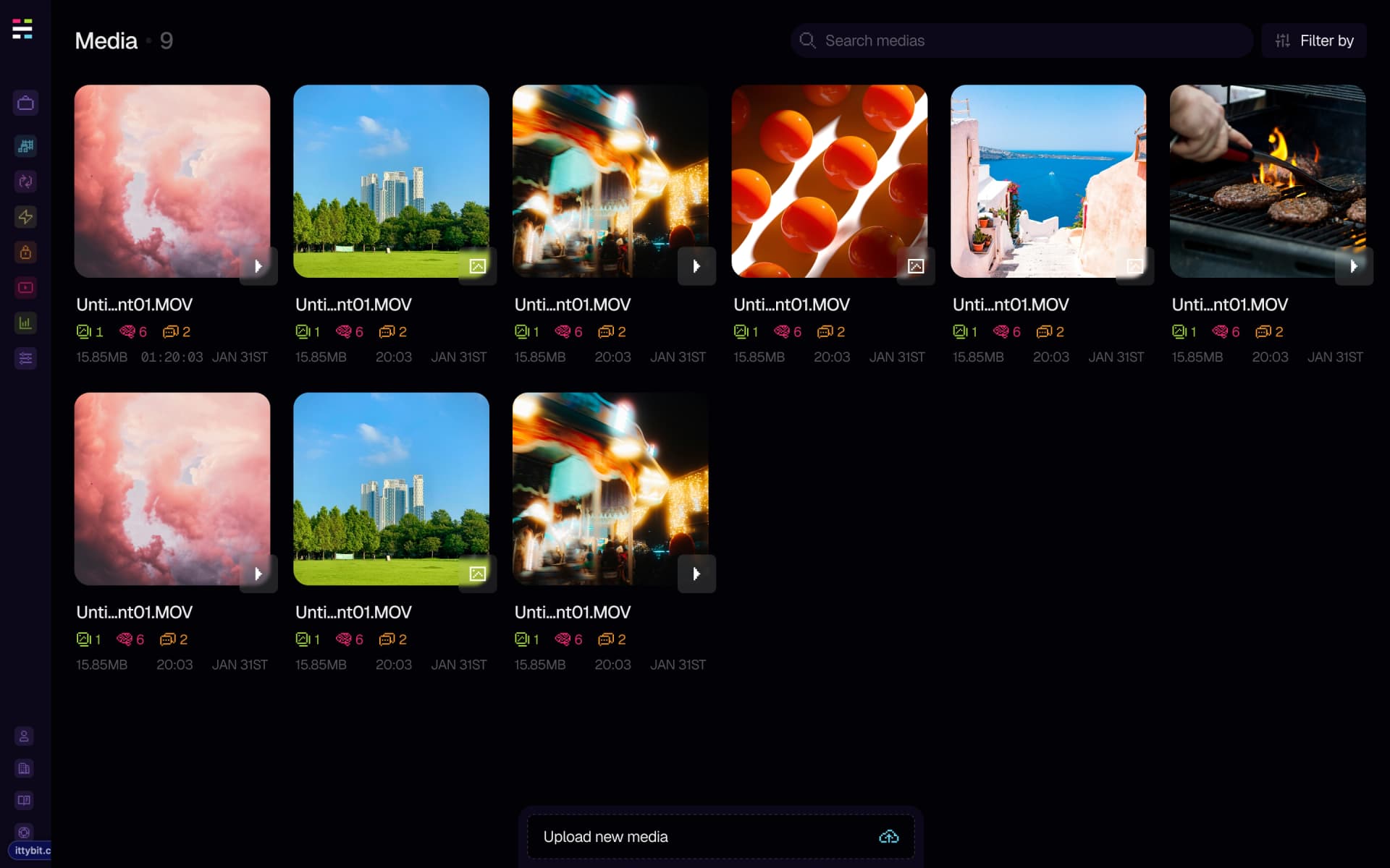 Media page populated with uploaded files