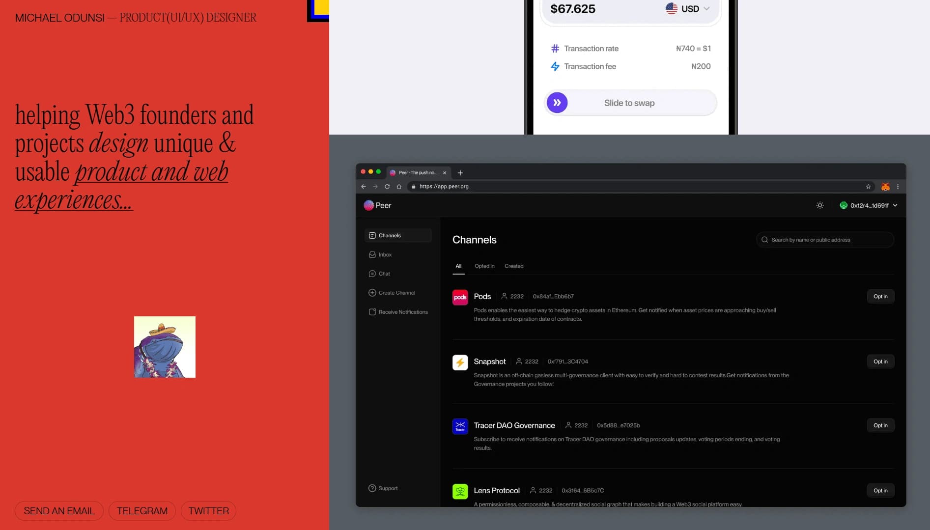 Odunsi's portfolio in red theme