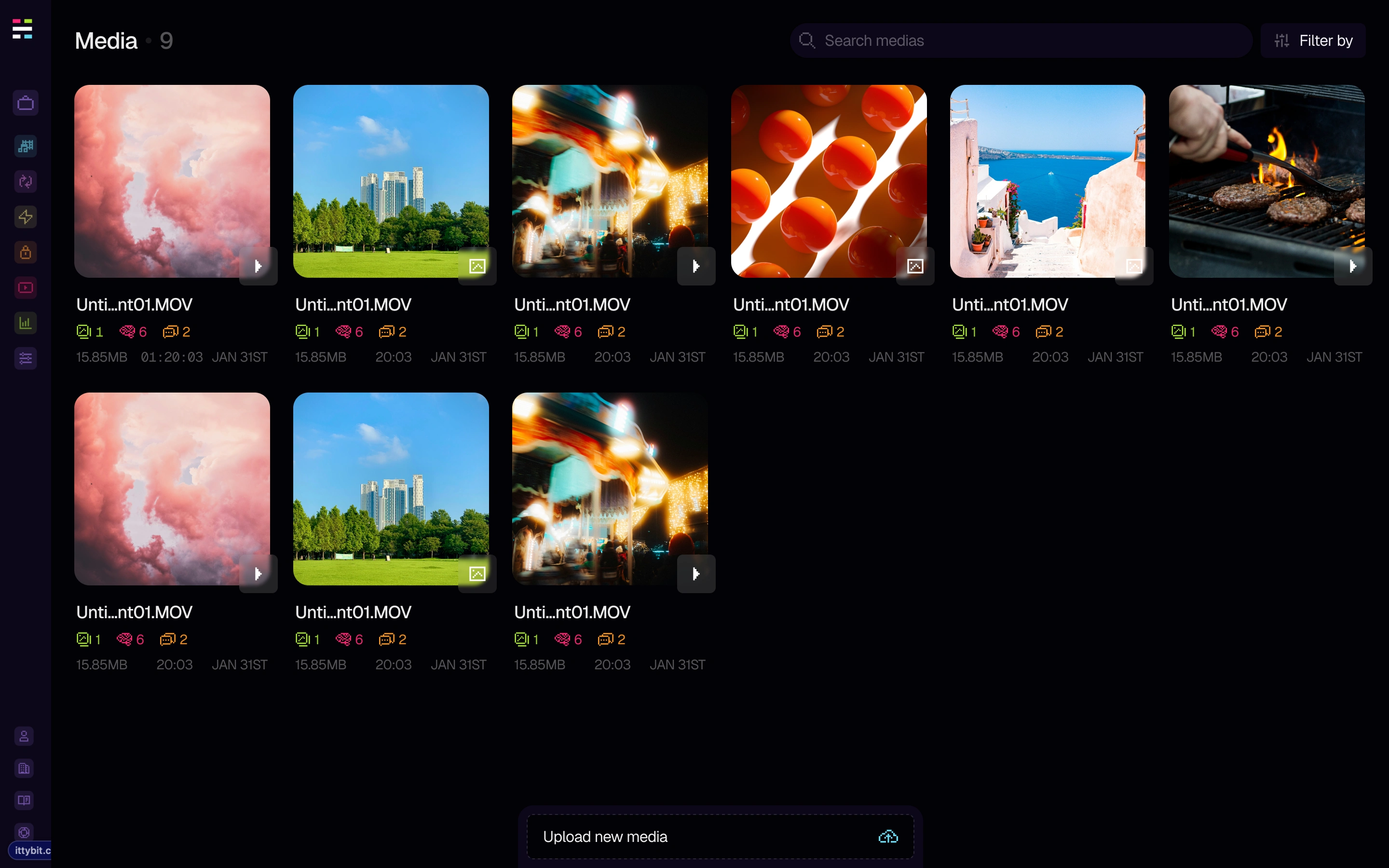 Media page populated with uploaded files