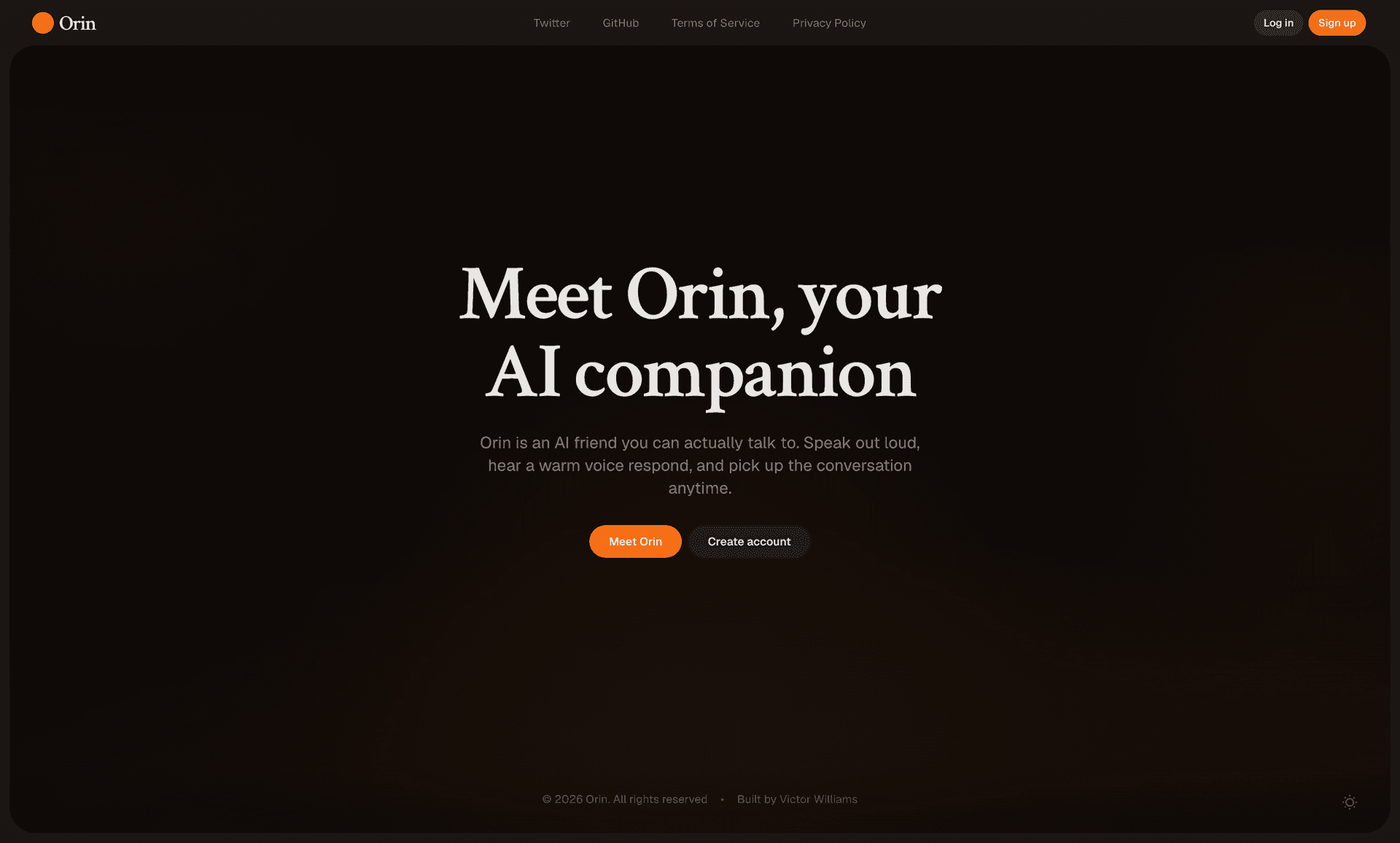 Orin landing page dark mode